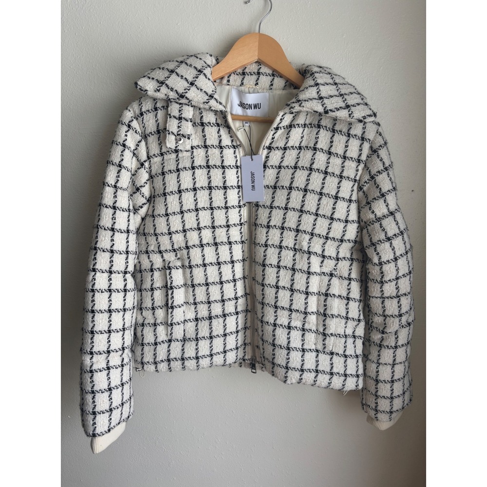 JASON WU Womens Ivory Black Plaid Tweed Bomber Jacket Full Zip Collar XS $395 - Picture 3 of 8